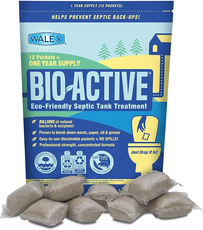 Walex Bio-Active Home Septic Tank Treatment - Strong Digestive Power with Beneficial Bacteria & Enzymes for Liquefying Solids & Breaking Down Waste, Odor Neutralizer -1 Year Supply, 12 Packets