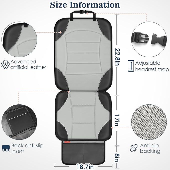 Sinvitron Car Seat Protector for Child Car Seat, Waterproof Car Seat Cover for Leather and Fabric Seats, 2 Mesh Pockets, Non-Slip Bottom, Thick Padding Cushion(1 Pack, Grey)
