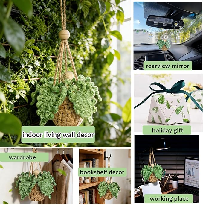 Handmade Crochet Car Air Freshener -Car Hanging Ornament Knitted Boho Plant for Decor,with 8ml Empty Refillable Oil Diffuser Bottle, Rear View Mirror Decoration Accessories