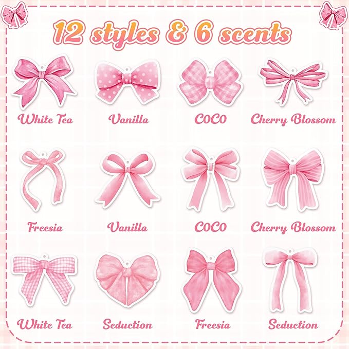 ANGOLIO Pink Bow Car Fresheners Valentine's Day Gifts 12Pcs Scented Hanging Oil Bow Air Freshener Hanging Ornaments Paper Pendant Scented Diffuser for Car Interior Accessories Home Office Wall Decor