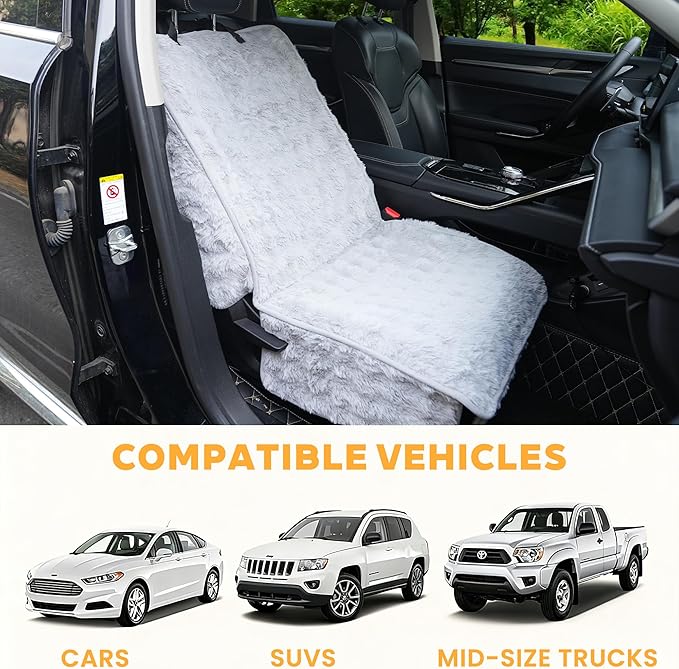 Dog Car Seat Cover for Back Seat & Front Seat, Plush Faux Fur Pet Car Seat Protector with Waterproof Layer, Non-Slip Bottom, Side Flaps, Machine Washable (Front Seat Gray)