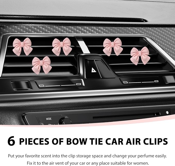 6 PCS Bow Car Air Freshener, Cute Bow Automotive Scent Air Fresheners Vent Clips, Coquette Vehicle Outlet Perfume Diffusers Interior Aesthetic Decorations for Women Girls (Pink)