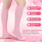 BreezeHug 4 Pcs Travel Comfort Kit with Memory Foam Travel Pillow Airplane Footrest Hammock 3D Contoured Eye Mask Compression Socks Neck Pillow for Car Flight Sleeping Support(Pink)