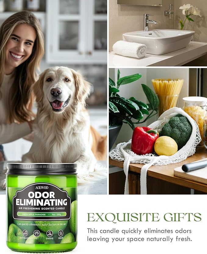 AOOVOO Green Apple 2 Pack Odor Eliminating Highly Fragranced Candle - Eliminates 95% of Pet, Smoke, Food, and Other Smells Quickly, Air Freshing Soy Candle, Up to 100 Hours Burn time