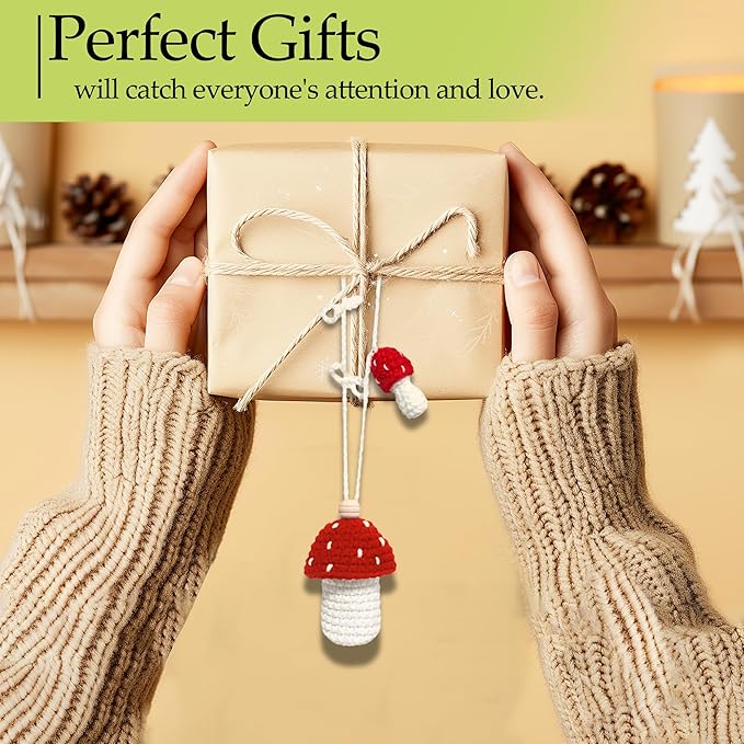 Cute Car Air Freshener Hanging Crochet Car Accessories, Cute Cars Fresheners for Women, Crochet Plant Rear View Mirror Accessories, Red Mushroom