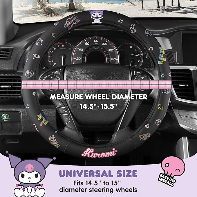 Sanrio Kuromi Car Trunk Organizer & Steering Wheel Cover Set – Cute, Non-Slip, Soft Grip Car Accessories for Women – Collapsible Storage Bin for Groceries, Tools & Travel – 12.5"L x 12.5"W x 9"H