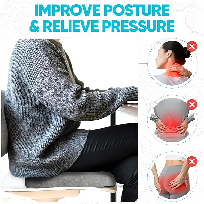 FORTEM Seat Cushion, Office Chair Cushion, Desk Chair Memory Foam, Sciatica Coccyx Tailbone Pain Relief, Pressure Relief, Sitting Pad, for Long Gaming & Sitting, Washable Cover, Non Slip, XL