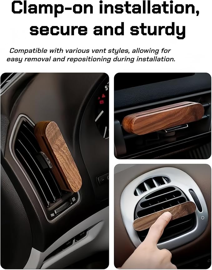 Natural Walnut Wood Vent Clip for Car (2-Pack) - Refillable Aroma Diffuser Base, Includes 10 Unscented Absorber Sticks - Elegant Air Freshener for Car, Home, Office & More
