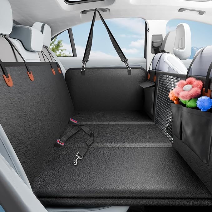 Back Seat Extender for Dogs, Heavy-Duty Hard Bottom Backseat Cover, Car Hammock for Dogs & Pets, Upgraded PU Leather - Waterproof & Anti-slip & Anti-scratch & Wipe-down Cleaning for Cars & SUVs