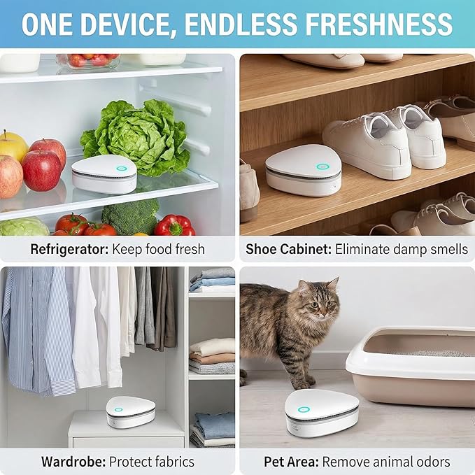 Portable Odor Remover Machine, Odor Remover Machine for Smoke Smell, Rechargeable 1800mAh Mini Deodorizing Machine for Car, Closet, Refrigerator, Shoe Cabinet, Office & Small Spaces (White)