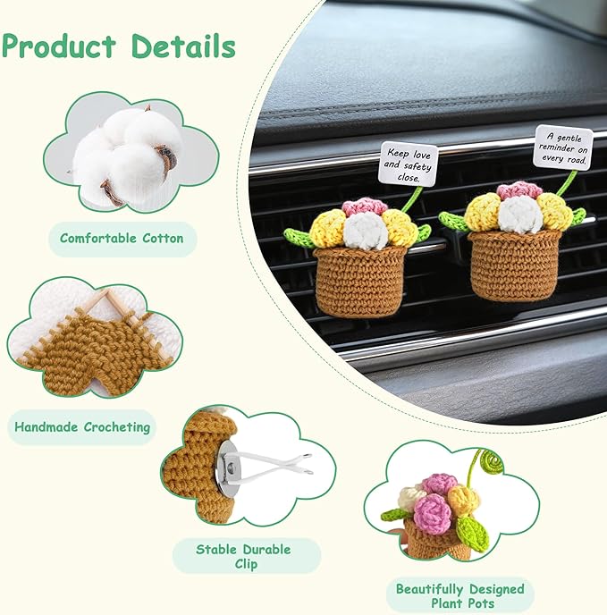 SUNACE 2 Pcs Cute Crochet Plant Car Vent Clips, Handmade Plant Pots Car Air Freshener with 6 Scent Cards, Car Interior Decor Accessories Gift for Women, for Car Vents, Home & Office Spaces