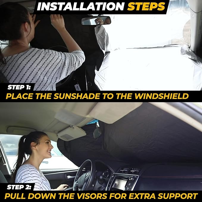 Car Sun Shade Windshield - 240T Reflective Polyester Sunshade, Medium Plus (64" x 33.5"), Blocks 99% UV Rays and Heat, Keeps Car Interior Cool, Foldable with Storage Bag, Compatible with Cars and SUVs
