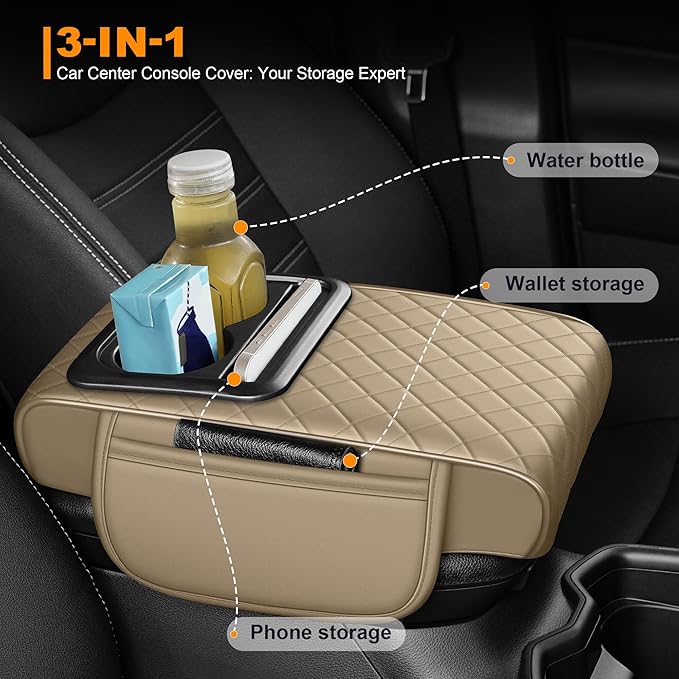 Armrest Cover for Car Fit for Jeep Gladiator - Center Console Cover with Cup Holders and 2 Storage Pockets(Beige)