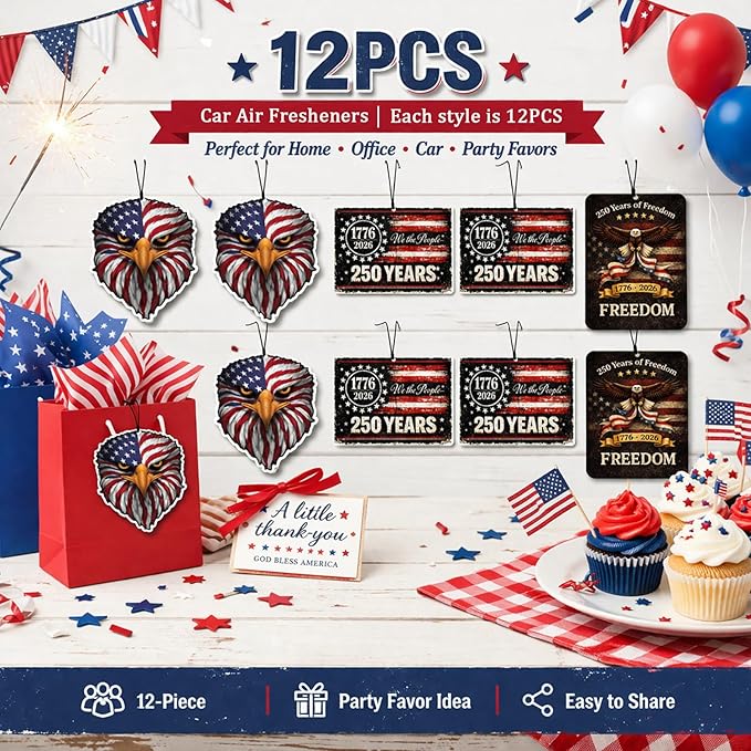 12PCS Patriotic Car Air Fresheners, 1776-2026 Double-Sided Hanging Scented Cards, Dark Ice Berry Ocean New Car Scents for Rearview Mirror, Home, Office, Commemorative Gift Set (Style 5)