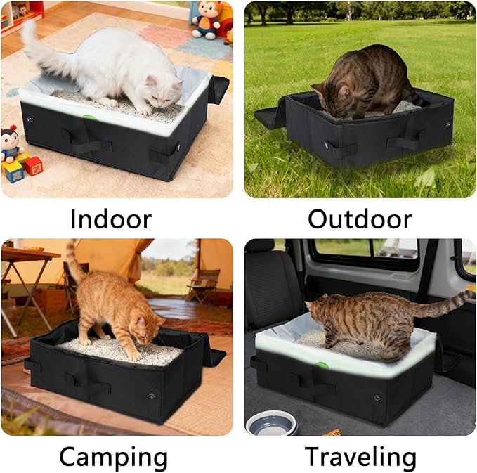 SZEE Travel Litter Box for Cats with Zipped Lid with 3 Pcs Disposable Liner Bags, Easy Cleaning, Suitable for Pets up to 15lbs, Portable Litter Box for Travel, Car, Hotel, Airplane, Camping - Black
