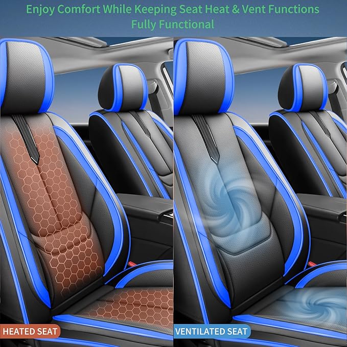 Fit Forester Car Seat Covers for Subaru Forester 2007-2024 2025 2026 -Upgraded Premium Waterproof & Breathable Leather,Airbag Compatible,All-Weather Seat Cushion Protector,2 Front/Black-Blue