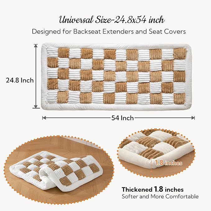 Soulbond Dog Bed for Car Back Seat Soft Plush Backseat Pet Bed Mat Non-Slip Travel Pet Mat, Fuzzy Plaid Dog Seat Cover, Fit for Backseat Extenders and Trucks SUVs (Brown and White, 54" x 24.8")