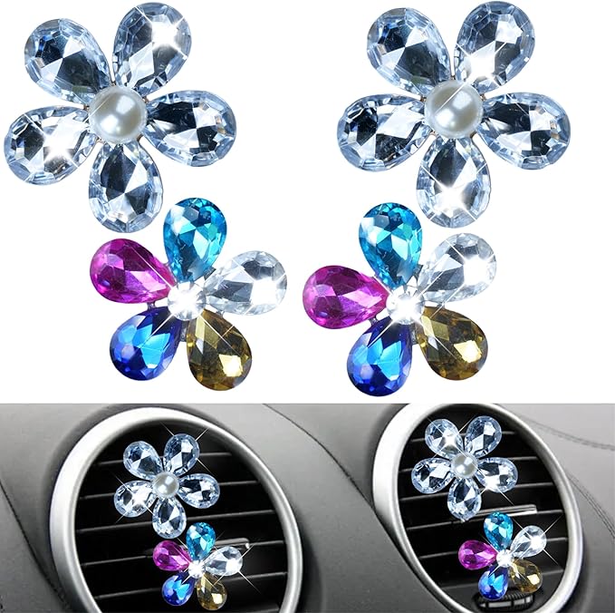 Bling Flower Car Accessories for Women Interior Aesthetic, Flower Decorative Vent Clips, Car Air Conditioner Clip Automotive Interior Decoration Fragrance-Free Aromatherapy Tablets, Add Your Own Scent