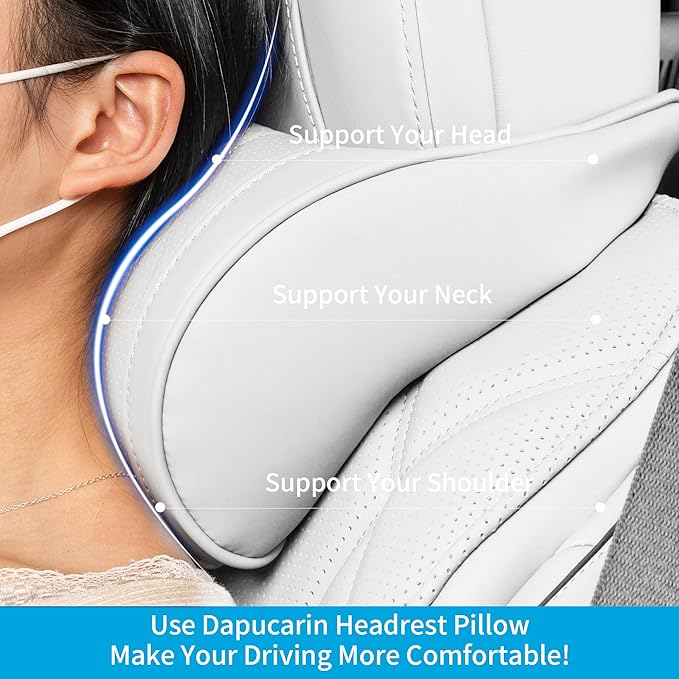 Car Headrest Memory Foam Neck Pillow for Driving with Leather Cover Soft Comfortable Seat Head Pillow Cushion for Most Cars SUV Sedan Home Office Off-White (Beige) (1PC)
