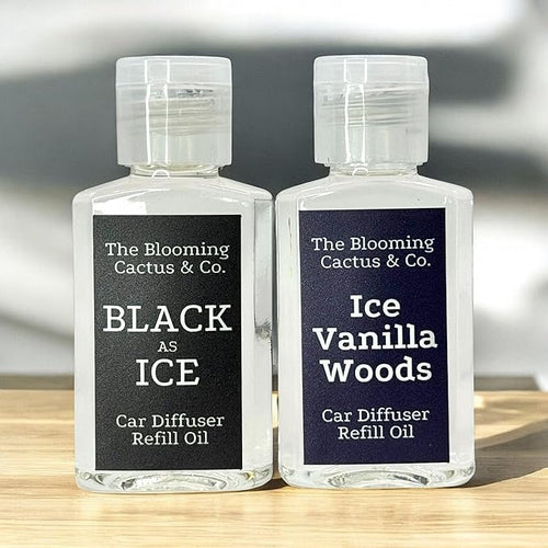 1 OZ Premium Car Diffuser Refill Oil – 2 Pack Long Lasting Fragrance Oil for Car, Home & Office | Compatible with Most Diffusers |Fresh, Pleasant Scent for Every Space (Black Ice + Iced Vanilla Woods)