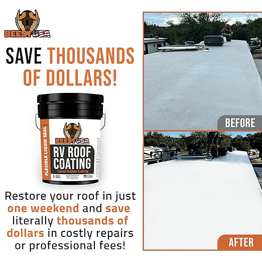 BEEST RV Roof Coating White, 5 Gallon Covers up to 250 sq ft (2 Coats), Solar Reflective & Waterproof Sealant| Elastomeric Leak Repair Coating, Liquid Rubber RV Roof Sealant for Trailer, Camper & More