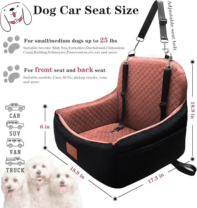 Small Dog Car Seat for Small Dogs Under 30 lbs, Memory Foam Pet Car Seat with Washable Cover, Safety Belts & Side Storage Pockets, Portable Travel Bed for SUV/Sedan (Black/Brown)