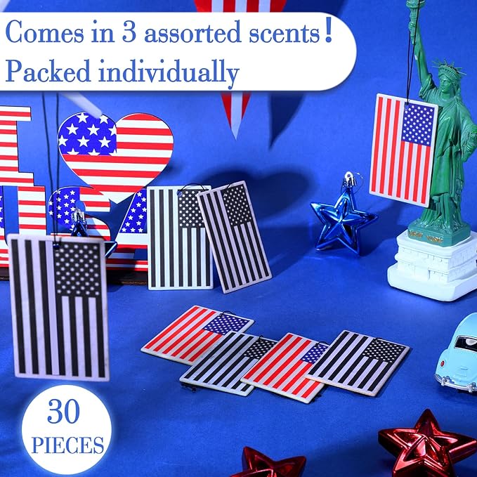 Dunzy 30 Pcs Air Freshener American Flag Car Freshener Patriotic USA Flag Hanging Automotive Independence Day Air Fresheners for Men Women Patriot May Day Auto Accessories, 3 Scents(2 Color Style)