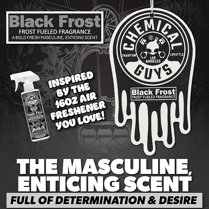 Chemical Guys Black Frost Air Freshener and Odor Eliminator, 16 fl oz Spray with 3 Pack of Hanging Air Fresheners (Great for Cars, Trucks, SUVs, RVs, Home, Office, Dorm Room & More) - HOL432