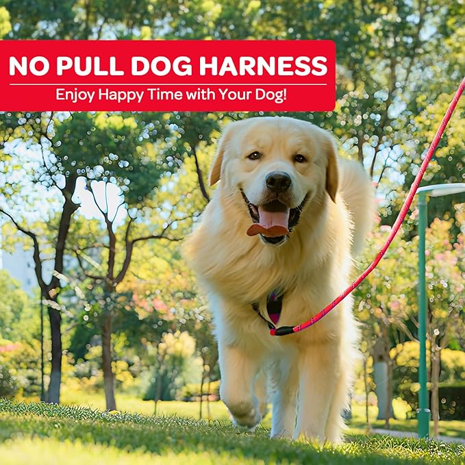 FURRYFECTION Plaid Dog Harness for Medium Dogs, Reflective No Pull Adjustable Pet Vest with Front Clip, Leash, Easy Control Handle and Seat Belt, Red, M