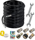 Hourleey Sewer Jetter Kit for Pressure Washer 200FT, Drain Cleaner Hose 1/4 Inch NPT, Orifice 4.0 Button Nose and Rotating Sewer Jetting Nozzle Spanner Tape Pearl Corsage Pin, 4000 PSI