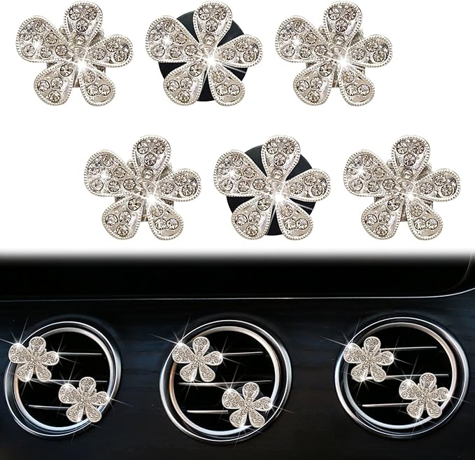 6 Pcs Silvery White Daisy Car Decoration Bling Flower Air Vent Clip Air Conditioning Outlet Clip Air Freshener Clip Car With Rhinestone Interior Decor Charm Interior Accessories for Girls Women