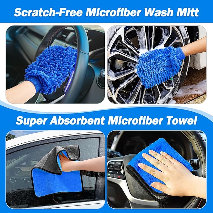 62" Car Wash Brush Kit with Hose Attachment, Scratch-Free Microfiber & Soft Bristles, Long Handle Wash Mop for Cars, Trucks, SUV & RV – Flow-Through Cleaning Kit with Mitt, Towel & Tire Brush