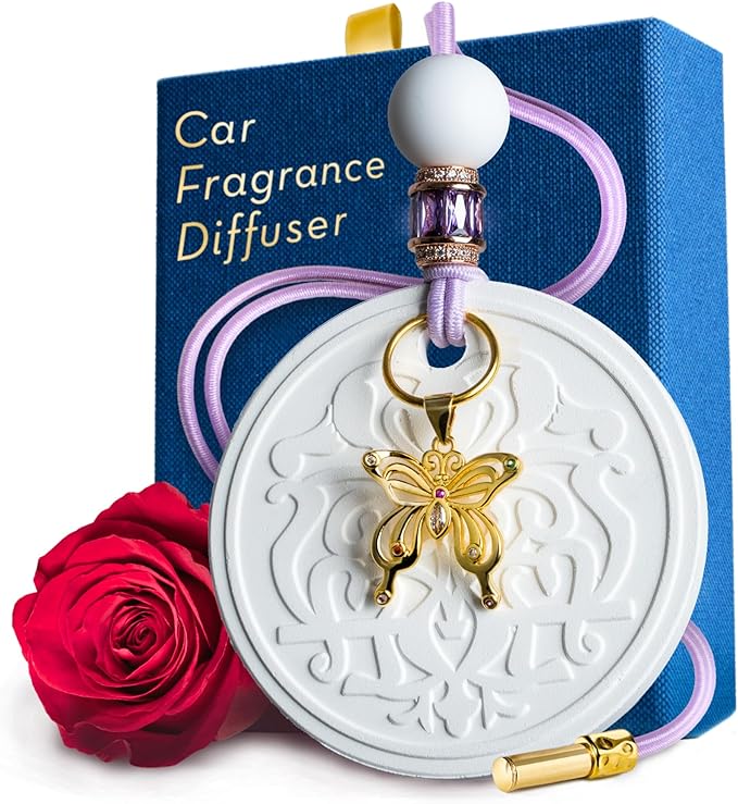 Luxury Car Air Freshener for Women - Refillable & Portable Essential Oil Fragrance Diffuser - Cute Car Accessories & Interior Decor - Mirror Hanging or Vent Clips - Butterfly Gold Charm, Rose Scent