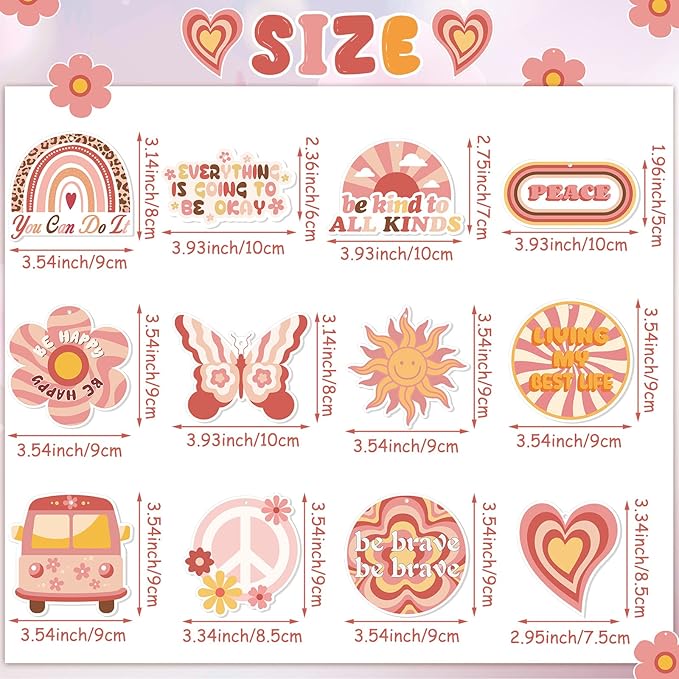 Demissle 24 Pcs Boho Hippie Car Air Fresheners Bulk Cute Groovy Hanging Air Freshener Pink Rainbow Scented Fresheners Rearview Mirror Decor for Women Gift Car Accessories