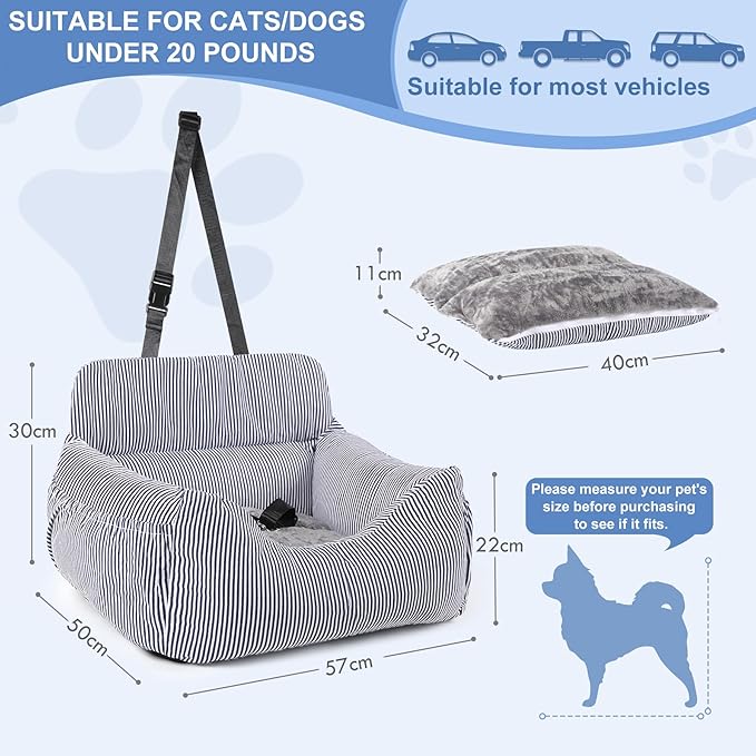 Dog Car Seat for Small Dogs, Pet Booster Seat with Clip-On Safety Leash and Storage Pockets, Washable Travel Dog Car Bed for Puppy (Blue White)