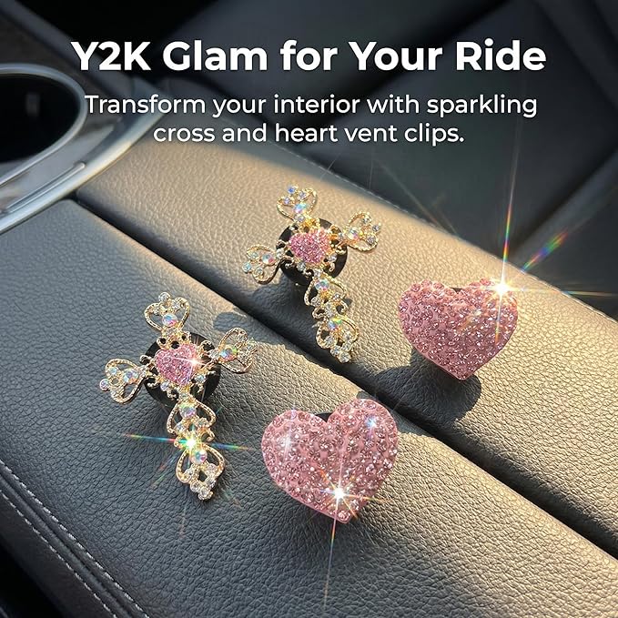 4Pcs Cute Car Vent Clips for Women Pink Bling Air Fresheners with Cross and Heart Y2K Luxury Car Accessories Couture Style Decorations Girly Clip Decor Freshener for Girls