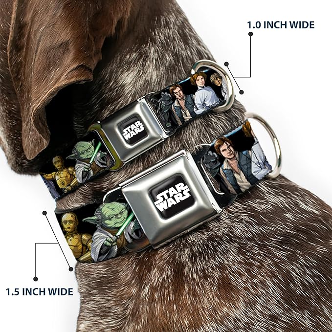 Star Wars Pet Collar, Dog Collar Metal Seatbelt Buckle, Star Wars Classic Character Poses Black, 20 to 31 Inches 1.5 Inch Wide