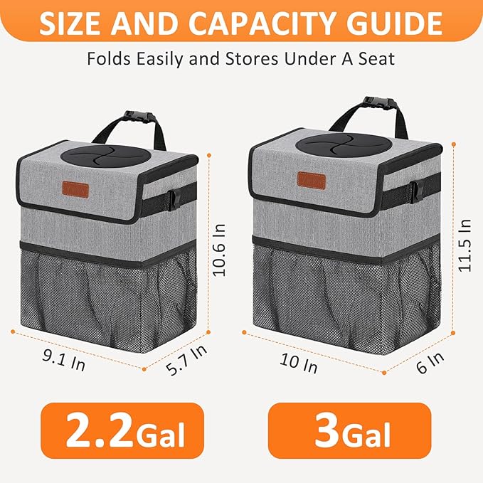 3 Gallons Car Trash Can with Lid, Car Trash Bag Bin Hanging Waterproof Automotive Garbage Cans Leak Proof Vehicle Can Grey