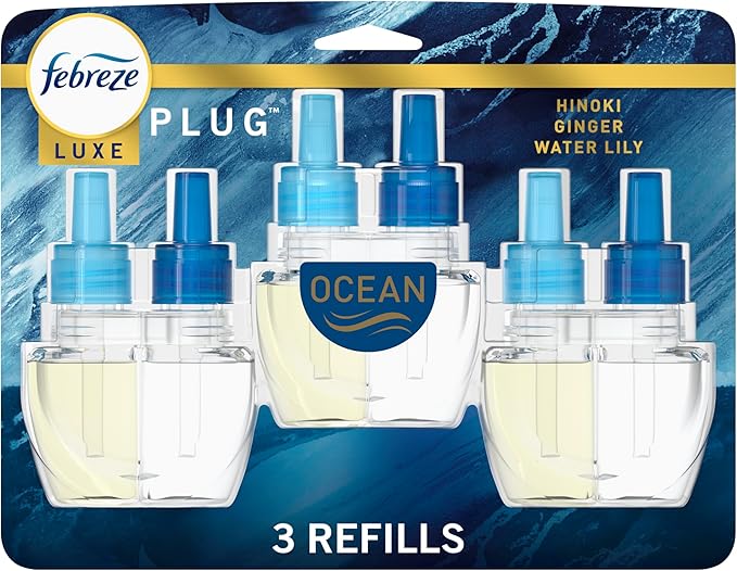 Febreze Plug In Air Freshener, Odor-Fighting Scented Oil Refill, Air Fresheners for Home and Bathroom and Kitchen, Long Lasting for Strong Odors, Ocean Scent, 0.87oz Refills, 3 Count