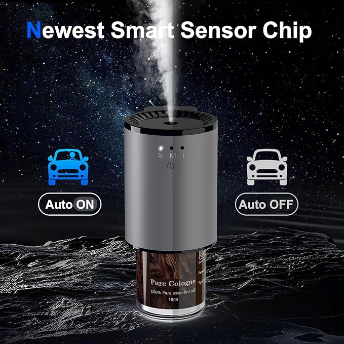 Car Air Freshener, Smart Car Air Freshener for Vent Clips, 1200 Sprays Per Charge, Car Fresheners with Auto On/Off, 5 Scents, 10 Refill Bottles (1Pack-Grey)