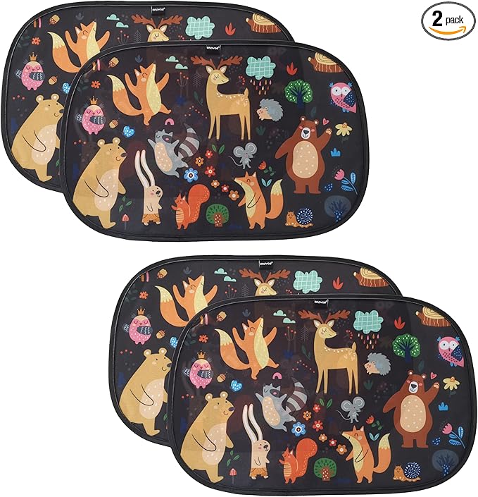 Window Sun Shade for Baby - Sun Blocker Cover and Visor for Car Side Windows - Shield Protector - Sunshades for Rear Windows - Cartoon Animal Design (2 Pack) 19"x12"