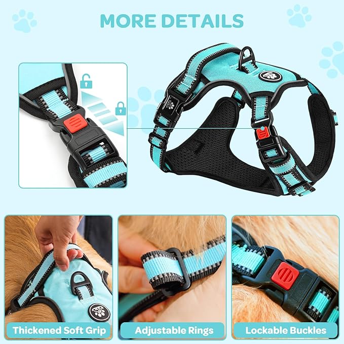FURRYFECTION Plaid Dog Harness for Medium Dogs, Reflective No Pull Adjustable Pet Vest with Front Clip, Leash, Easy Control Handle and Seat Belt, Turquoise, M