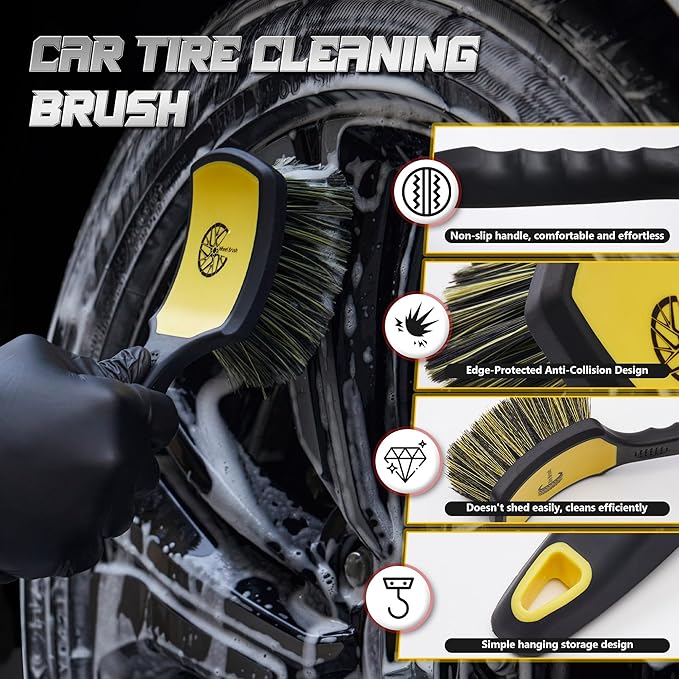 Wheel & Tire Brush Set, 2 Pack Car Wheel Brush & Tire Cleaner Brushes, Soft Bristle Rim Brush and Stiff Tire Scrub Brush, Scratch-Free Wheel Cleaning Kit for Car Detailing, Trucks, SUVs