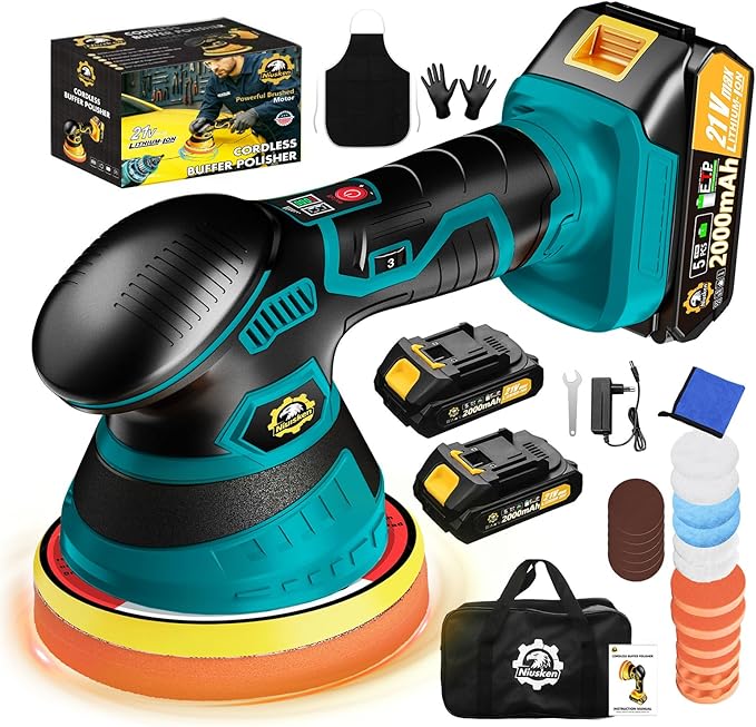Cordless Car Buffer Polisher kit [2x 2000mAh 21V Batteries & 18 PCS Attachments] 6-Speed Orbital Design, LED Display, Lightweight Detailing Tool for Waxing, Polishing & Scratch Removal-Blue