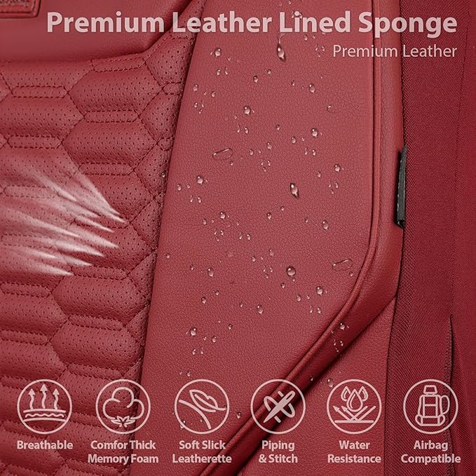 CAR PASS 3D Foam PU Leather Car Seat Covers Full Set,Luxury Breathable Faux Leather Seat Covers for Car,Anti Slip Universal Fit for SUVs Vans Sedan Trucks Automotive,Armrest Airbag Compatible Burgundy