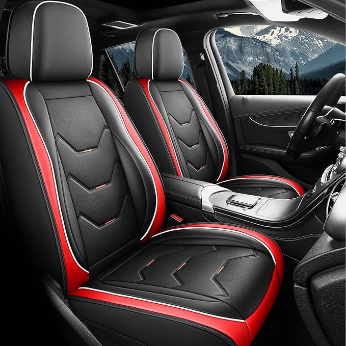 otoez Car Seat Covers Full Set, 5 Seats Leather Seat Cover for Car, Black Automotive Front and Back Seat Cushion Protector Waterproof and Non-Slip for Most Sedens Trucks SUVs, Black & Red