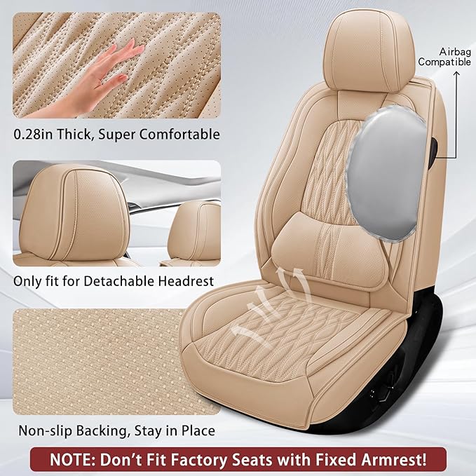 WELLDO Car Seat Covers Full Set, Leather Seat Covers for Car, Waterproof Car Seat Protector with Lumbar Support, Automotive Seat Covers Universal Fit for Most Cars SUV Truck,Beige