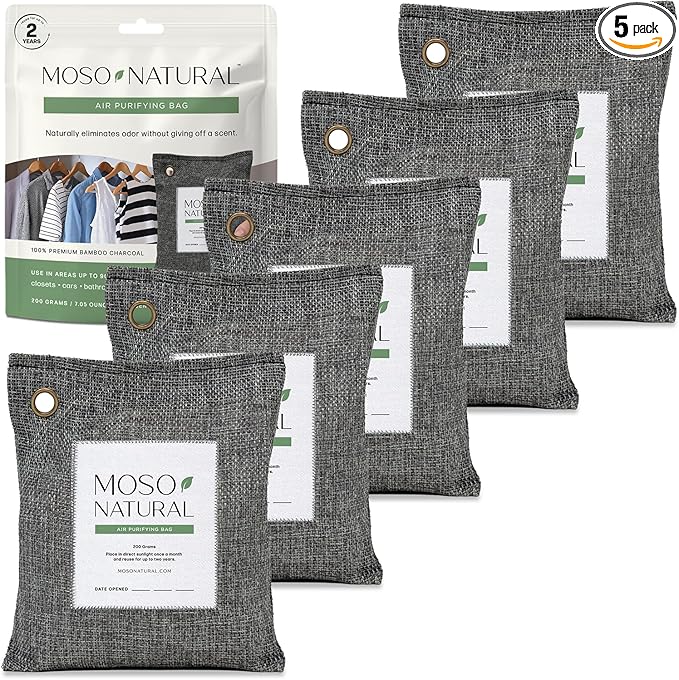 Moso Natural Air Purifying Bag 200g (5 Pack) HGTV Editor's Pick | Premium Bamboo Charcoal Odor Absorber for Home & Car | Closet Odor Eliminator & Car Air Freshener | Long Lasting Charcoal Bags
