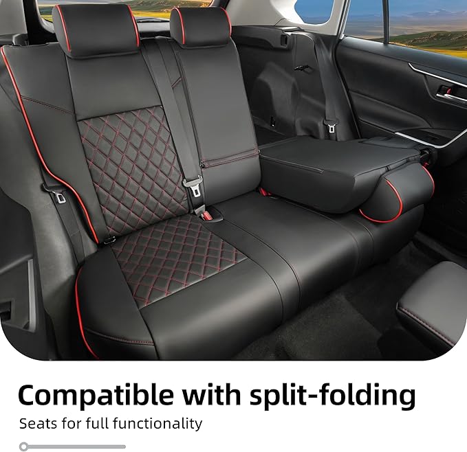 Lolcar RAV4 Seat Covers Custom Fit for Toyota RAV4 2019 2020 2021 2022 2023 2024 2025 LE,XLE,XLE Premium,Limited,Airbag Compatible,Seat Cover Full Set for SUV, Waterproof Leather（Black with Red Trim）