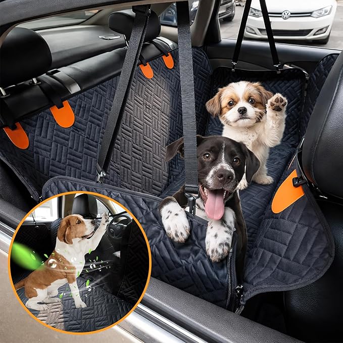 Dog Car Seat Cover for Back Seat, 600D Waterproof Pet Hammock with Mesh Window and Side Flaps, Anti-Slip Dog Seat Protector for Cars, SUVs, Trucks, Scratchproof Easy-Clean